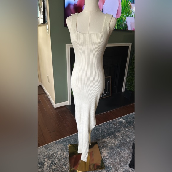 ASOS Cream Ribbed Knit Midi Dress with Thigh High Split - Picture 3 of 6